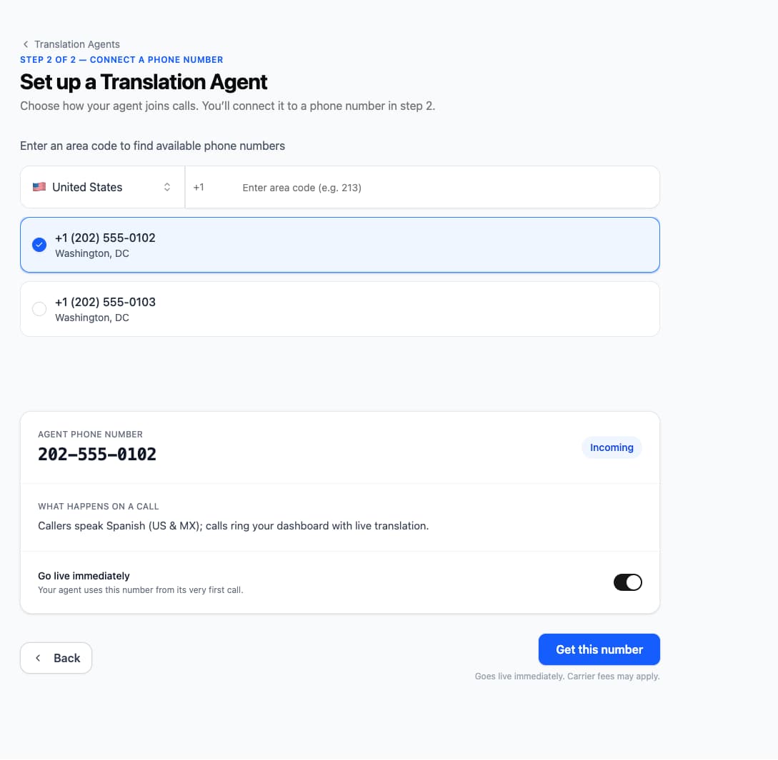 A selected incoming number with the routing review and Get this number button