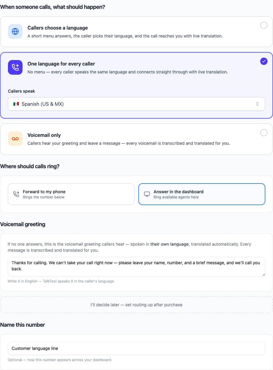 Incoming routing with Spanish selected and Answer in the dashboard chosen