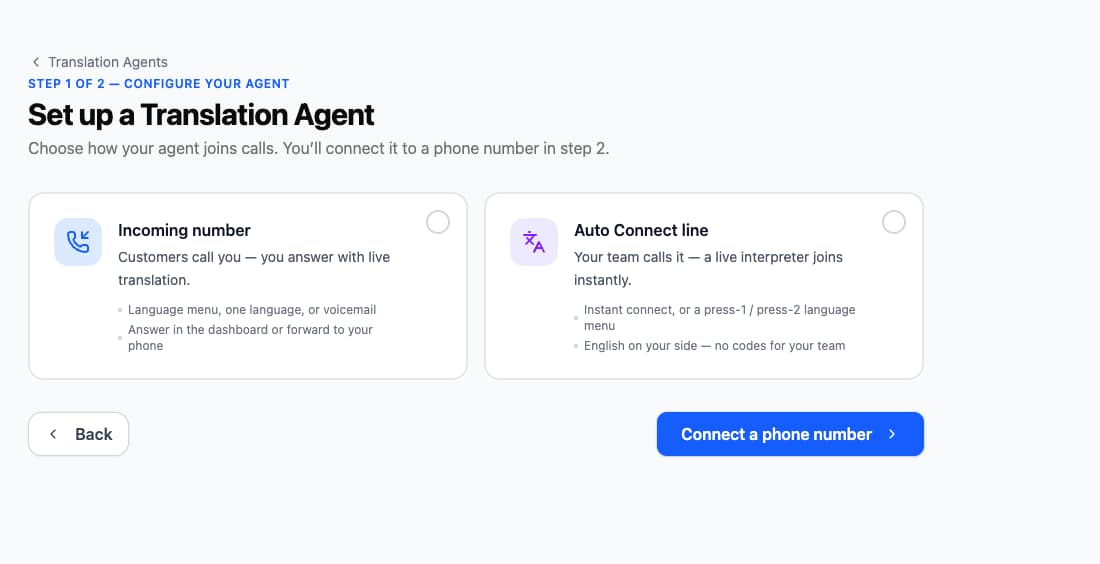 The first step of the Set up a Translation Agent wizard