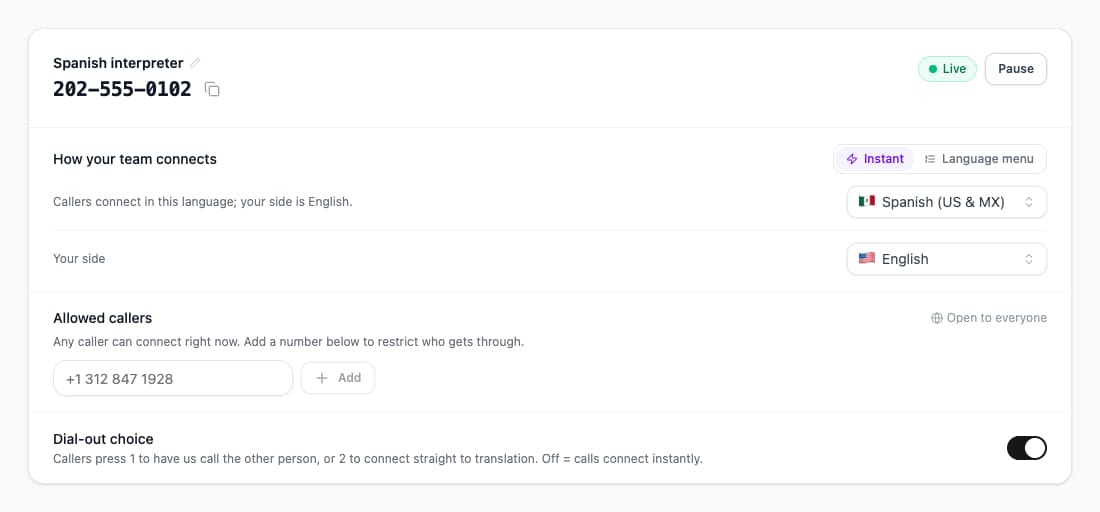 Auto Connect settings with Dial-out choice switched on