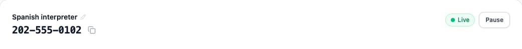 The Spanish interpreter line name, phone number, and copy button