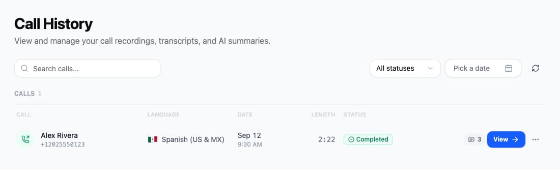Call History with a completed conversation and its View button