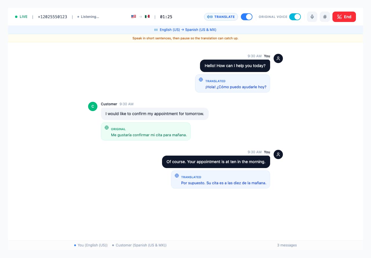 An active translated call with the original words and translations