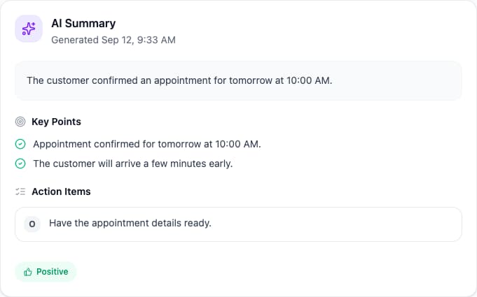 An AI Summary with key points and action items for a sample call
