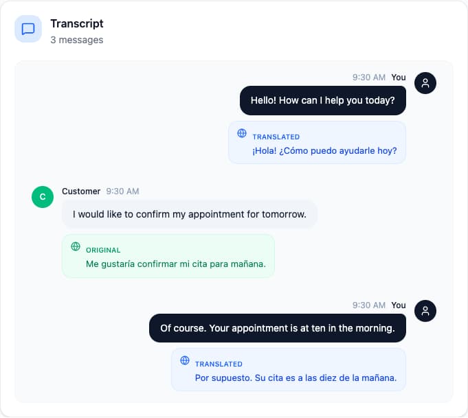 The Transcript section showing original and translated messages