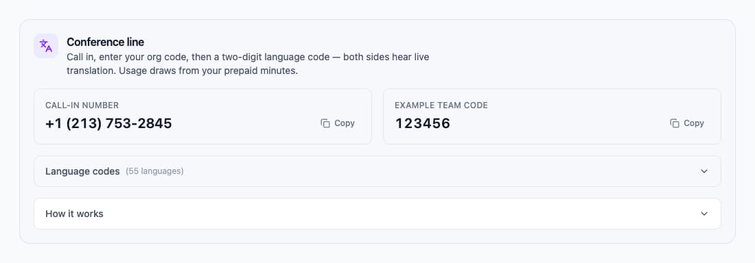 The TalkTool conference number and example organization code for joining a call