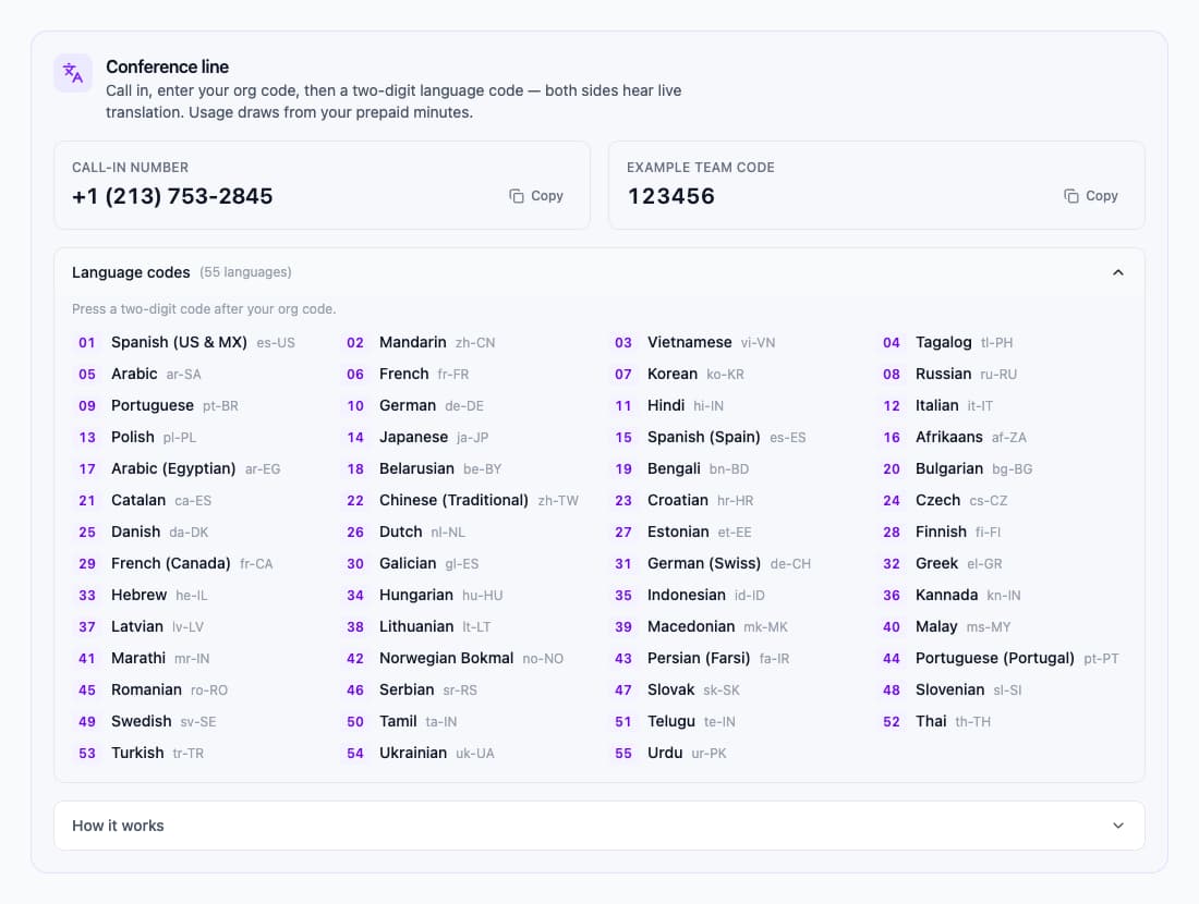TalkTool’s language-code list for choosing the other caller’s language