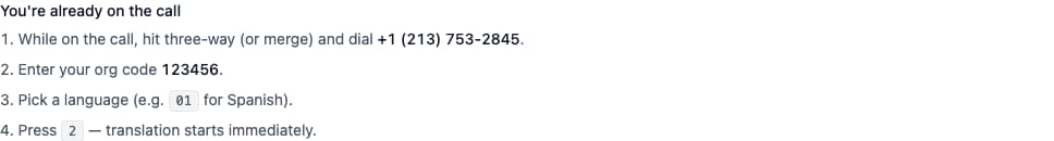TalkTool’s existing-call instructions showing the press-2 option