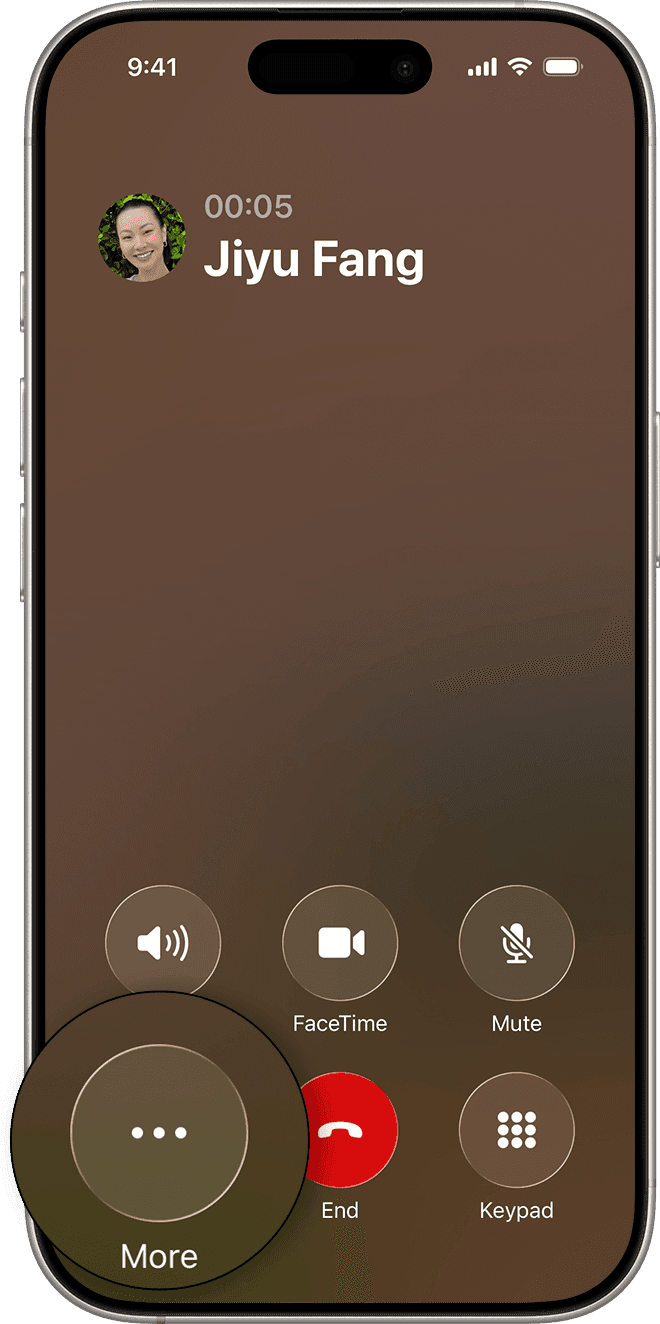 iPhone call screen with the More button highlighted