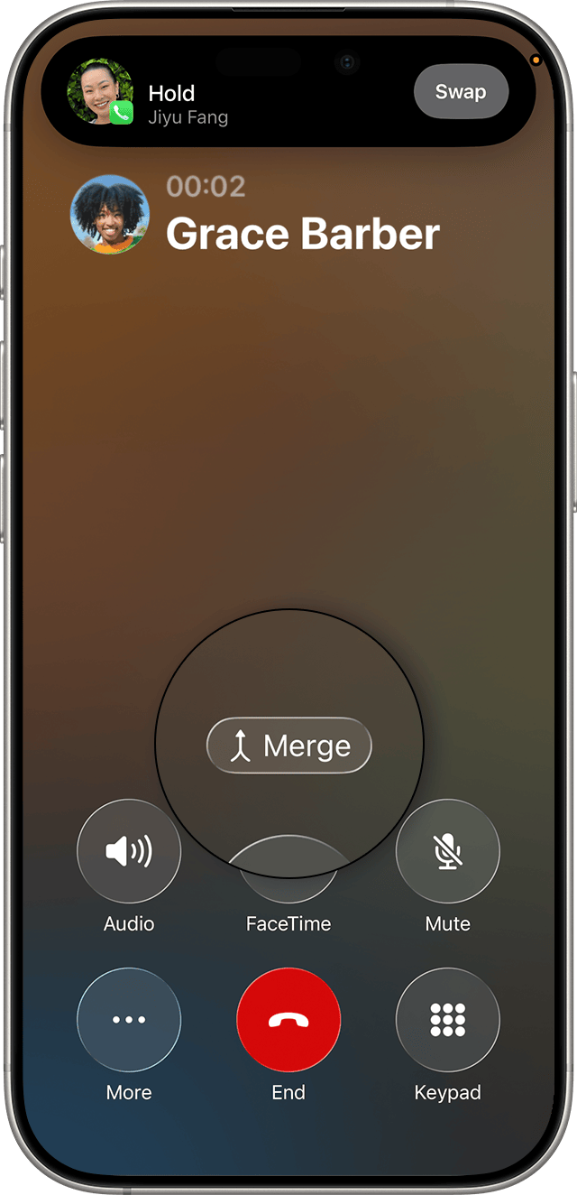 iPhone with one caller on hold and the Merge button highlighted
