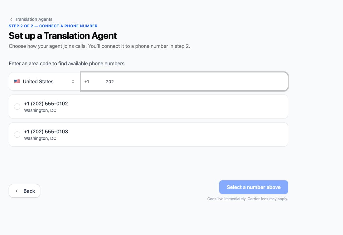 The number search in step two of the agent setup wizard