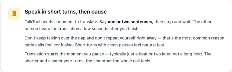 TalkTool’s speaking guide reminding participants to pause between turns