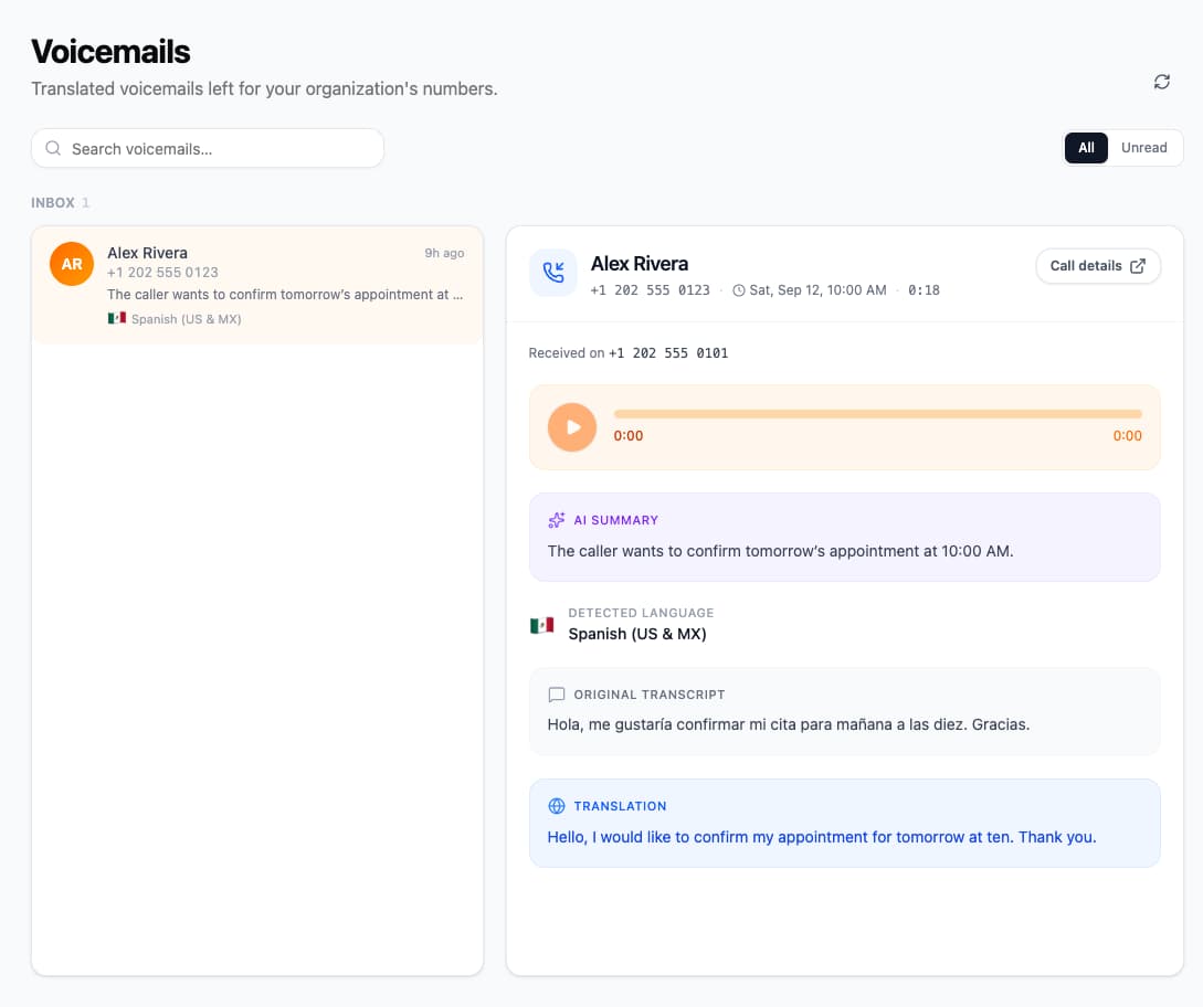A selected voicemail with its original Spanish transcript and English translation