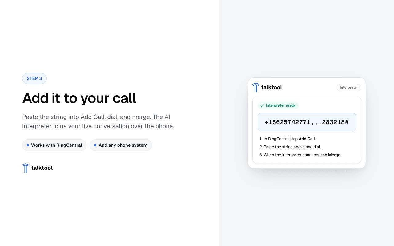 Adding the TalkTool interpreter to a Dialpad call