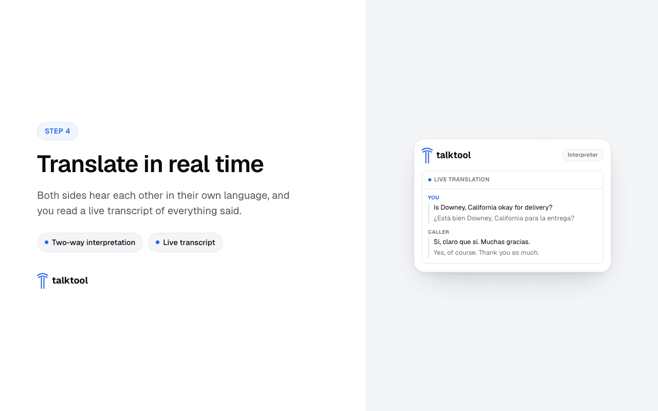 Live two-language transcript during an interpreted call