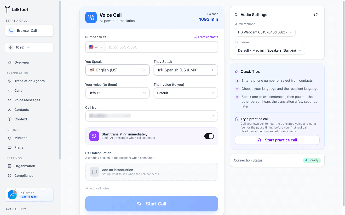 The Browser Call dialer with a language selected