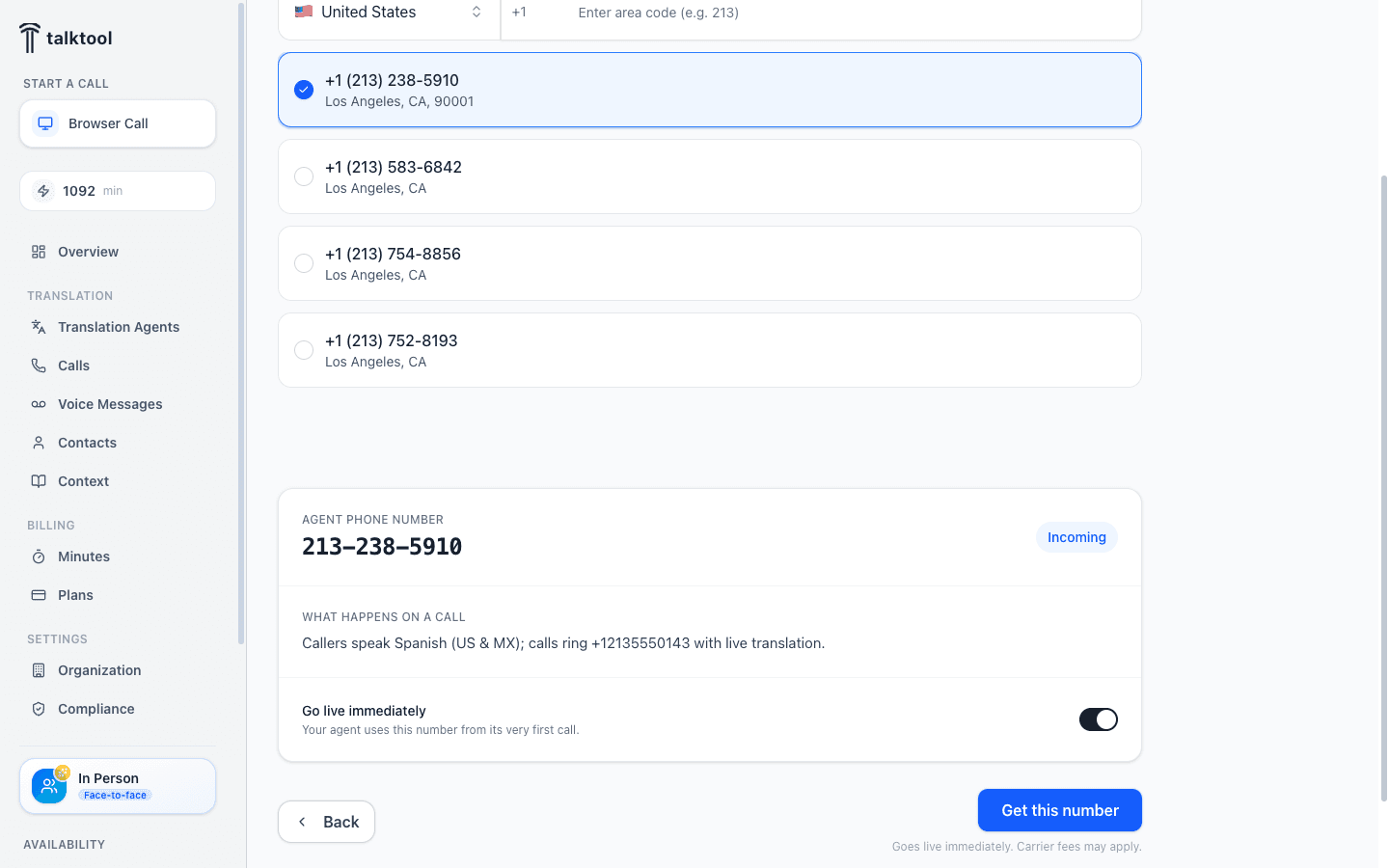 A selected phone number with the review card confirming calls ring your business phone with live translation