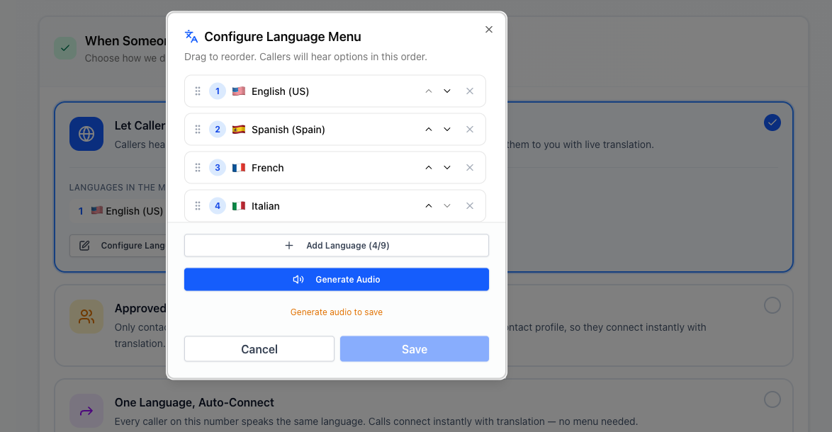Language configuration panel